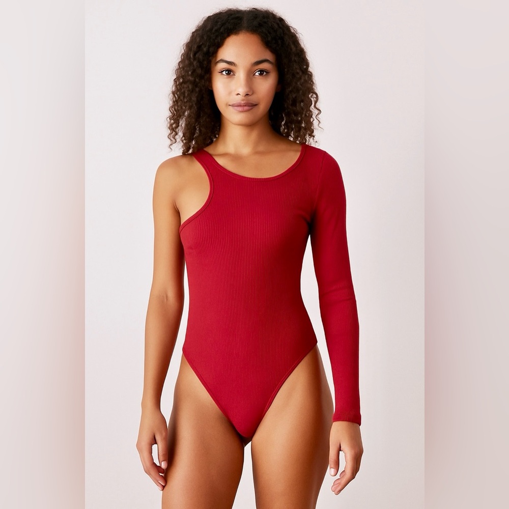 Urban Outfitters Ribbed One Shoulder Thong Bodysuit Red Small